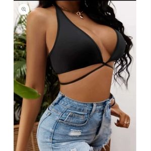 Plunging Neck Tie BackLess Crop Halter Top